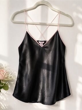 VS Black Embossed Cursive Logo Racerback Pink Piping Trim Silky Camisole Top XS